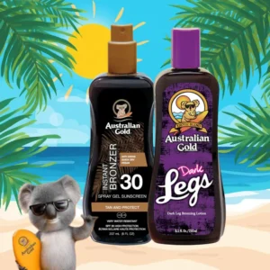Akcijski komplet Australian Gold vključuje Bronzer sprej gel SPF 30 in Dark Legs za lepšo porjavitev ter sijoč videz nog. Ugodna poletna nega v enem kompletu.