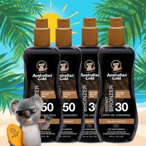 Australian Gold sprej gel SPF 30 SPF 50 bronzer komplet vključuje 2x sprej gel SPF 30 z bronzerjem in 2x sprej gel SPF 50 z bronzerjem.